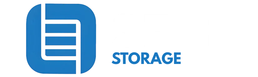 logo self storage devanport iowa in white
