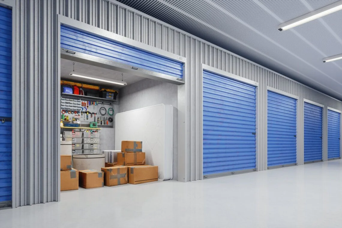 a long gallery of storage unit among which the first one is open